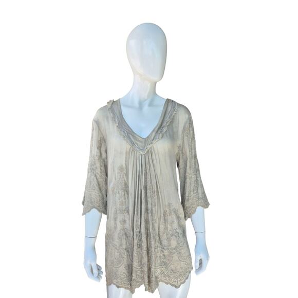 H Trend ITALY 100% Silk Taupe Embroidered Bell Sleeves BOHO CHIC Top - Picture 1 of 8